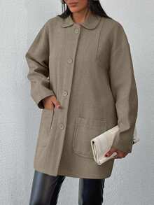 EURMUSE Cotton Knitted Overcoat Drop Shoulder Double Pocket Coat Easy To Style Perfect For Autumn And Winter - Mocha Brown - View 4