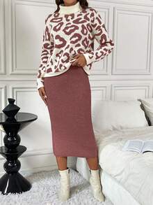 SHEIN Clasi 2 件套女士豹纹纯色高领优雅舒适合身针织毛衣套装，秋冬 - 藕粉色 - 查看 5