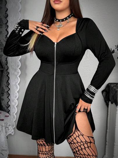 SHEIN Whyspr Abito con zip frontale e vita stretta, stile scuro, taglie comode