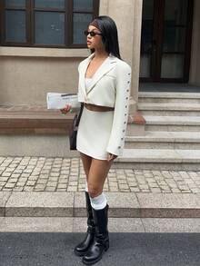SHEIN EZwear Woven Women's Beaded Decor Solid Color Long Sleeve Blazer And Mini Pencil Skirt Elegant Suit Set Autumn Winter Clothes For Women - Apricot - View 6