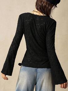 Bohemela Casual Solid Color Knit Lace Flare Sleeve Fitted Women Top - Black - View 6