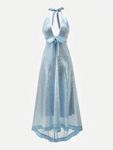 Glamine Charm Đầm dự tiệc cổ chữ V sâu thắt nơ, chất liệu satin sequin chắp vá cho nữ, Thu/Đông - Màu xanh nhạt - Xem 8