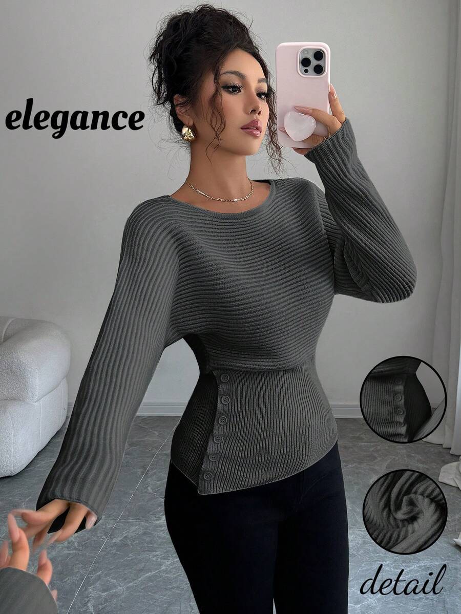 Elenzga Women's Dark Grey Autumn Sweater,Vintage Stockholm Style Knitwear Top,Elegent Work Office Casual Versatile Simple Knit Top For Teachers & Students - Grey - View 1