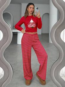 Aloruh 女士休闲圣诞树印花长袖T恤和条纹宽松直筒裤两件套睡衣套装，圣诞装 - 紅色 - 查看 7