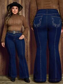 EMERY ROSE 大码女式街头休闲弹力舒适后袋刺绣深蓝色喇叭牛仔裤 - 深色水洗藍 - 查看 1