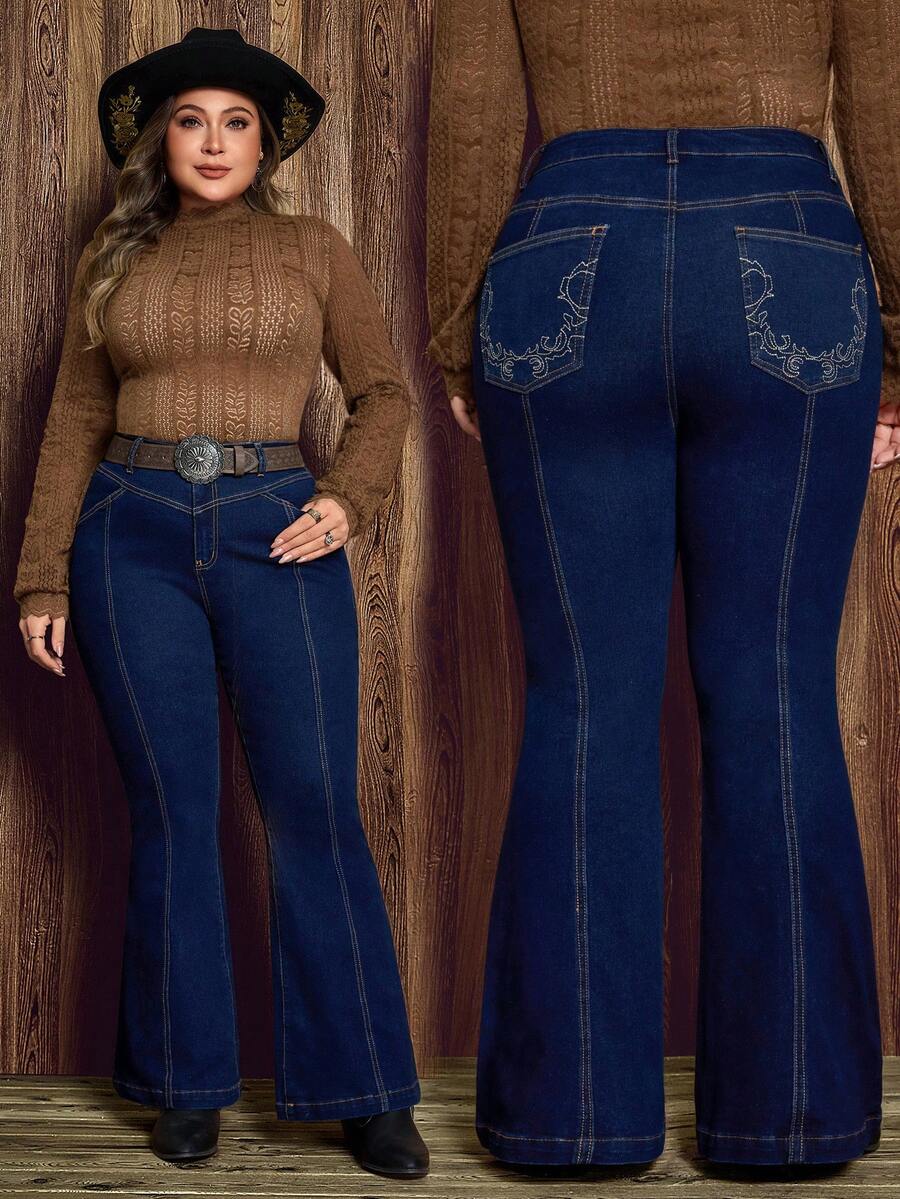 EMERY ROSE 大码女式街头休闲弹力舒适后袋刺绣深蓝色喇叭牛仔裤 - 深色水洗藍 - 查看 1