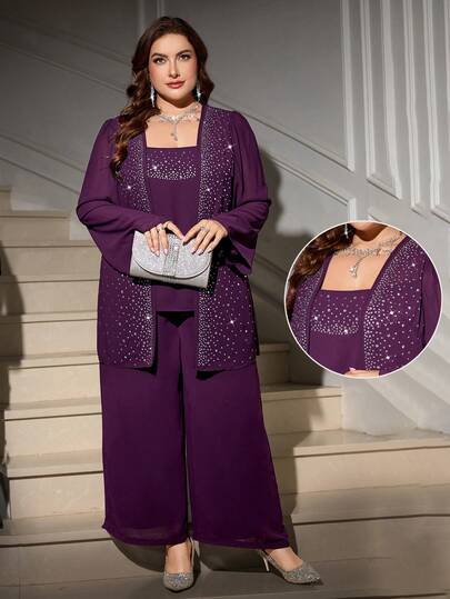 Gownix Plus Size Women 2 Pieces Set, Elegant Purple Rhinestone Decor2 Piecese Outfit, Suitable For Party, Autumn/Winter Christmas