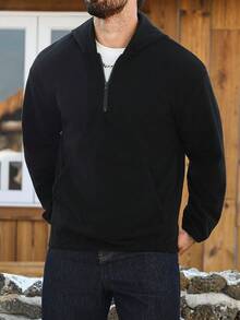 Manfinity CasualCool 男士抓绒休闲INS风连帽衫。针织纹理面料，半拉链长袖连帽衫。适合送给丈夫的礼物。男士套头衫，高领设计，冬季款 - 黑色 - 查看 3