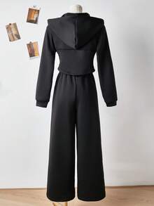 Sparklyn 两件套少女连帽衫套装，黑色拉链修身卫衣搭配宽松运动裤，休闲运动学院风套装，适合户外、室内、运动、聚会、上学等场合，适合春、秋、冬季穿着。 - 黑色 - 查看 2