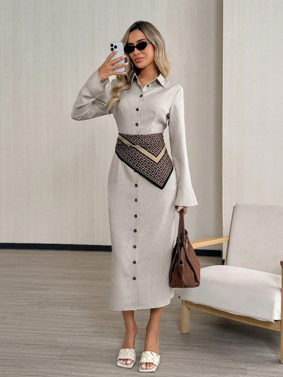 Easowa 翻领、开衩袖口、收腰、纽扣前襟衬衫裙款式长袖中长连衣裙，休闲优雅的办公着装，秋冬季 - 淺灰色 - 查看 1