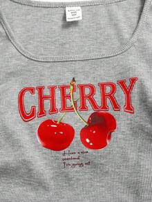 SHEIN 2pcs/Set Tween Girls Casual Street Style Cherry Print U-Neck Ruched Hem Long Sleeve Ribbed T-Shirt And Pleated Loose Sweatpants Set, Heather Gray - Light Grey - View 4