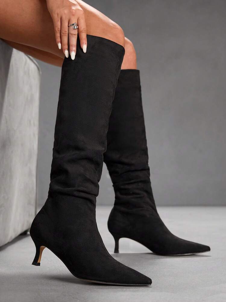 CUCCOO SZL Women's Pointed Toe Kitten Heel Black Boots, Fashionable Minimalist Design, Suitable For Commuting, Sexy For Party And Banquet, Knee-High Boots For Christmas Spring Shoes