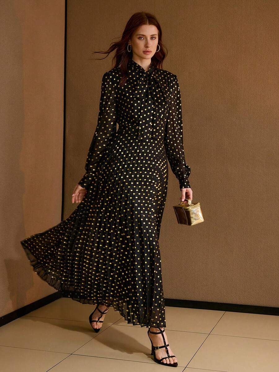 MOTF PREMIUM GOLD POLKA DOT ALLOVER PRINT TIE NECK PLEATED HEM DRESS , OLD MONEY - Black and White - View 1