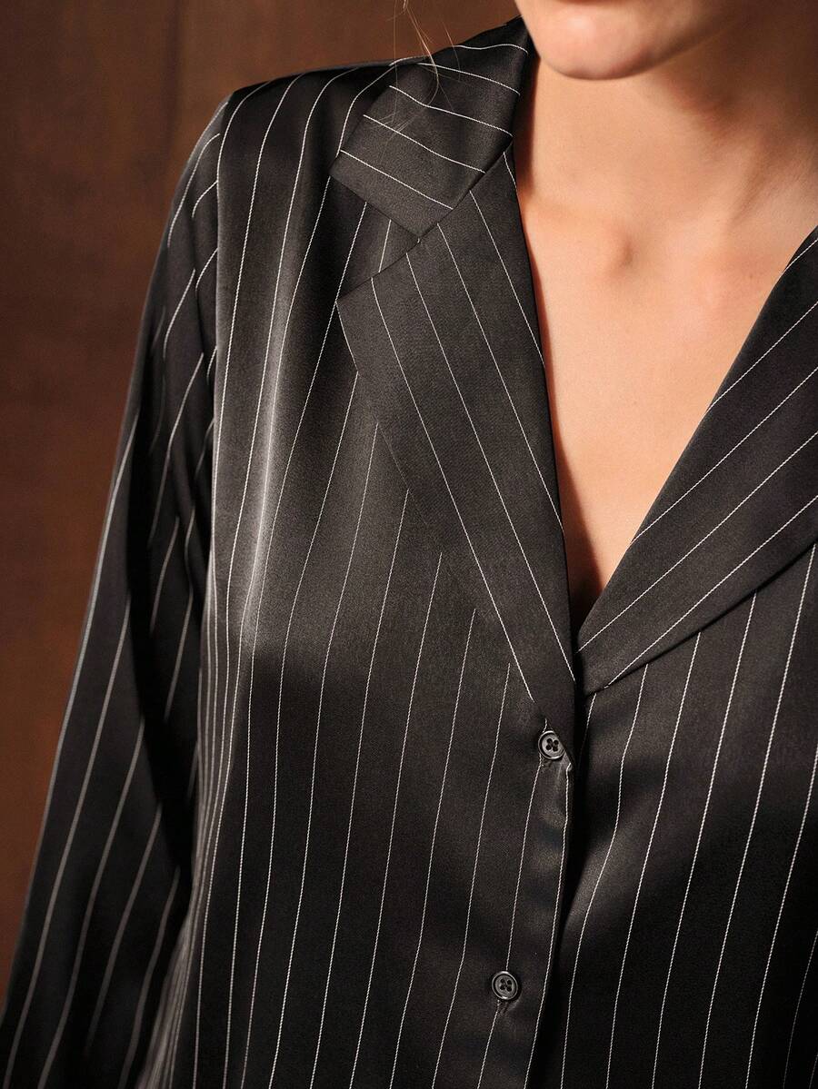 MOTF PREMIUM 条纹翻领衬衫 - 黑色 - 查看 2