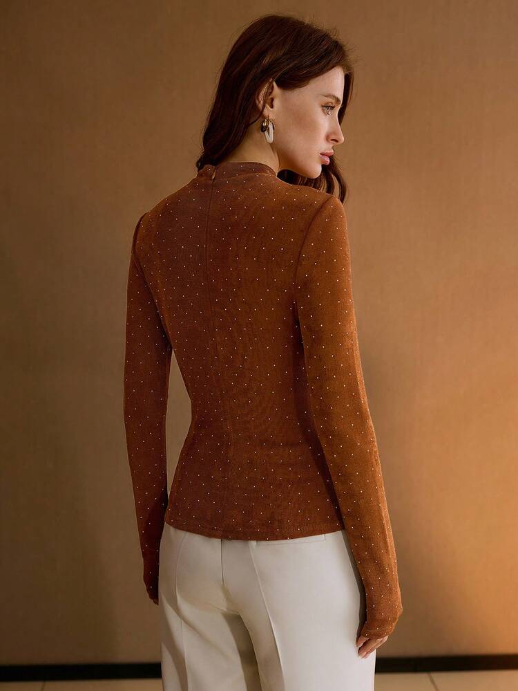 MOTF PREMIUM ÁO DÀI TAY CẠO HÌNH ĐÁ NHÂN TẠO CHỮ CHỮ THẬP, MÀU NÂU MÙA THU/ĐÔNG, THỜI TRANG & ĐA NĂNG - màu nâu - Xem 3