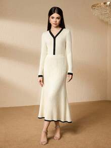 Elegant Elegant Fashion V-Neck Long Sleeve Fitted Short Cardigan With Ribbed Contrast Design Paired With High Waist Long Apricot Skirt Set, Suitable For Teenagers - Apricot - View 1