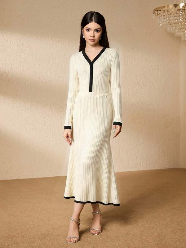 Elegant Elegant Fashion V-Neck Long Sleeve Fitted Short Cardigan With Ribbed Contrast Design Paired With High Waist Long Apricot Skirt Set, Suitable For Teenagers