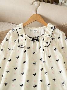 Girls Cute Bow Print Ruffle Trim Pajama Set Kids Sleepwear Girls Girl Sleep Wear Kids Girl Pajama Kids Long Pajama Sets Cotton