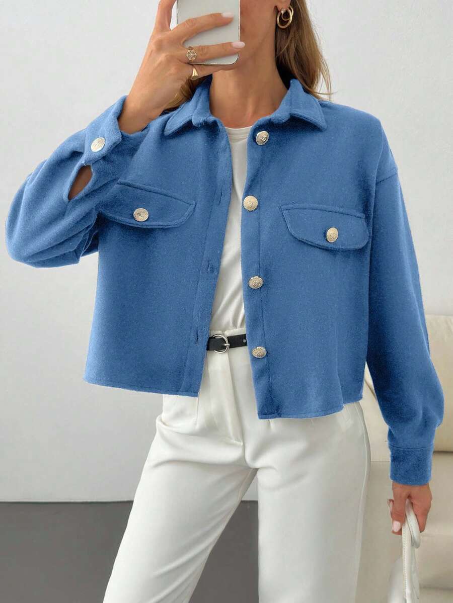 EURMUSE Solid Color, Gold Button Details, Coat - Blue - View 1