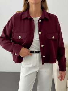 EURMUSE Solid Color, Gold Button Details, Coat - Burgundy - View 3