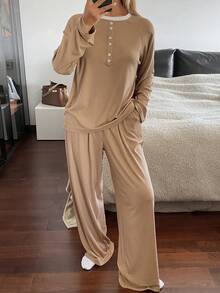 Livesso Bộ đồ mặc nhà 2 món cho nữ, gồm áo dài tay và quần phối màu tương phản, thích hợp cho mùa xuân và mùa đông. - Màu Khaki - Xem 6