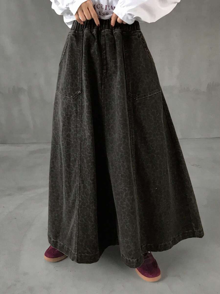 FRIFUL Damen modischer Leopard Muster Denim Rock lang