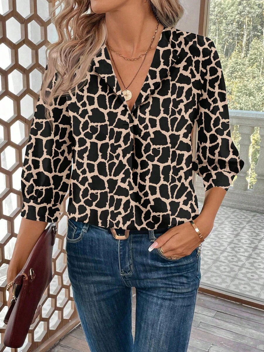 SHEIN LUNE Women's Casual Geometric Print Blouse, Suitable For Office Wear In Autumn/Winter New Year Party - Multicolor - View 1