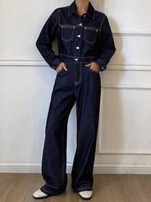 DAZY 2pcs Set: Navy Blue Short Denim Jacket & Wide Leg Pants, Vintage Design, Autumn/Winter - Navy Blue - View 5