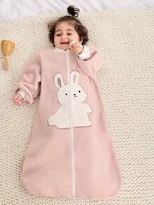 Cozy Pixies 一件式保暖抓绒刺绣大兔子长袖睡袋，适合婴幼儿，秋冬春夏四季穿着 - 暗粉 - 查看 3