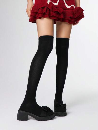 Brown Thigh High Boots, Slip-On Elastic Tall Boots, Wedge Heel Thick Sole Gothic Boots For Women