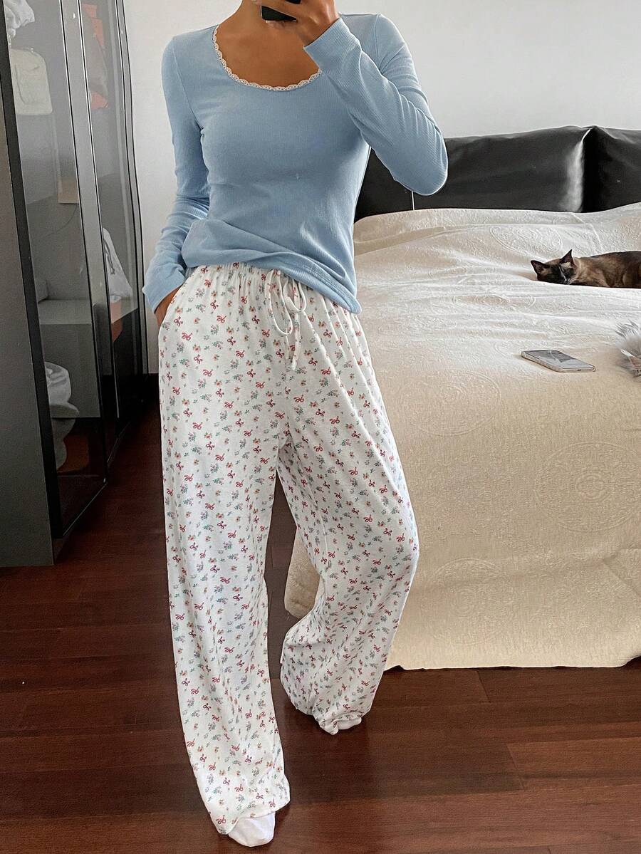 DAZY 女士碎花修身上衣和睡裤套装，秋冬款 - 藍色 - 查看 1