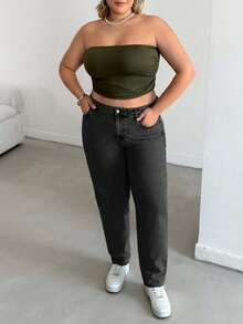 EURMUSE Plus Casual High Waist Snow Wash Mom Fit Jeans - Dark Grey - View 6