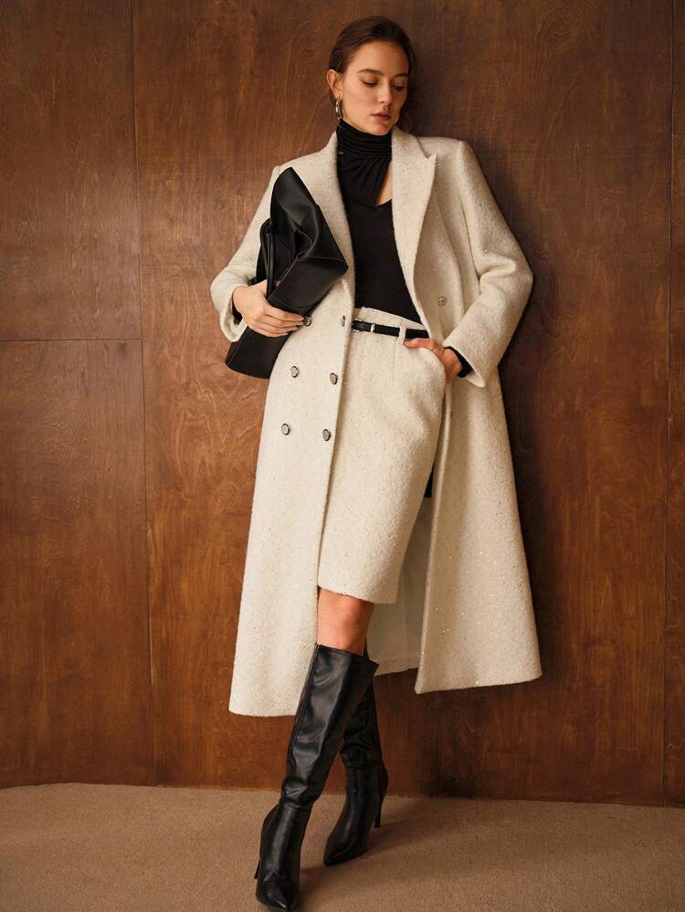 WOMEN WOOL TWEED DOUBLE BREASTED OVERCOAT, AUTUMN/WINTER
