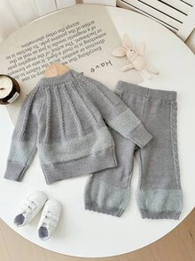 SHEIN Cable Knit Striped Fuzzy Crew Neck Pants Set - Grey - View 2
