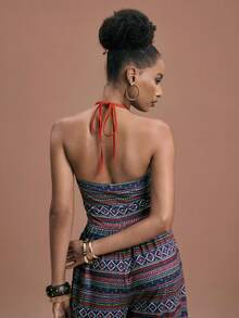 JIAN LASALA Macacão feminino boho de malha, sem mangas, com estampa multicolorida, decote halter com argola, pernas largas e estilo elegante para Ibiza. Trajes africanos para mulheres, roupas africanas femininas, looks caribenhos para mulheres, macacão estampado, macacão boho feminino, macacão de praia feminino, macacão tomara que caia feminino, macacão boho feminino, macacão cropped, macacão feminino de pernas largas para praia e casamento. - Multicolorido - Ver 3