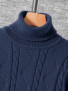 SHEIN Suéter de cuello alto de manga larga de punto cómodo y versátil para uso diario de niños preadolescentes - Azul Marino - Ver 4