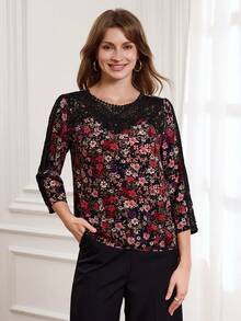 Miaspire Women's Lace Floral Print Patchwork Round Neck 3/4 Sleeve Elegant Blouse Vacation Spring Summer - Multicolor - View 4