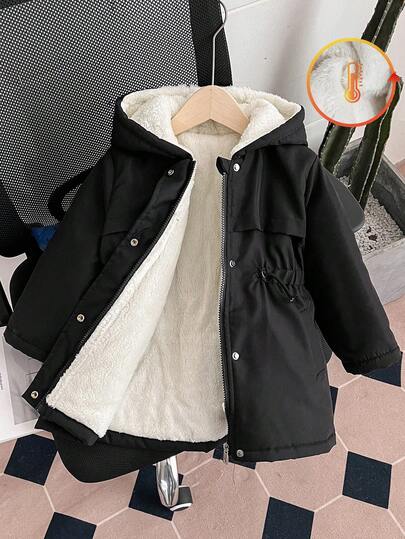 Genkimix Kids 女童连帽加厚羽绒服，拉链设计，收腰剪裁，修身款，黑色连帽冬装外套，儿童外套，儿童羊羔绒外套