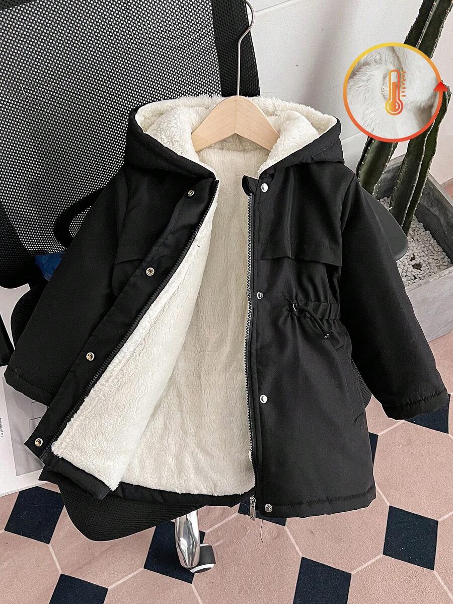 Genkimix Kids 女童连帽加厚羽绒服，拉链设计，收腰剪裁，修身款，黑色连帽冬装外套，儿童外套，儿童羊羔绒外套