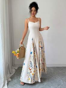 SHEIN Elenzya Spring/Summer New Elegant Women's Apricot Long Floral Print Spaghetti Strap Maxi Dress, Casual Vacation Beach Swing Dress, Solid Color Floral Patchwork, Suitable For Valentine's Day, Dates, Gatherings, Parties