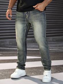 Manfinity Homme 男士休闲水洗复古修身牛仔裤 - 淺色水洗藍 - 查看 6