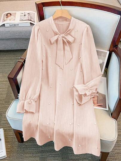 GlowEve CURVE Plus Size Solid Color Pearl Decor Lace-Up Long Sleeve Dress