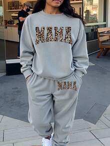 EMERY ROSE 舒适字母印花套头衫+慢跑裤两件套 - 柔软休闲长袖圆领设计，秋冬季女士日常穿着舒适服装 - 灰色 - 查看 1