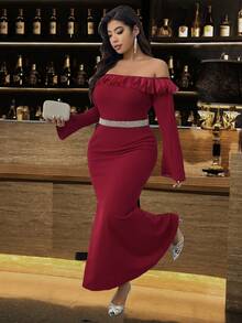 Cravure 大码连衣裙，单肩美人鱼连衣裙，带3D领饰 - 酒紅色 - 查看 6