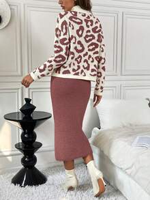 SHEIN Clasi 2 件套女士豹纹纯色高领优雅舒适合身针织毛衣套装，秋冬 - 藕粉色 - 查看 2
