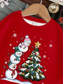 SHEIN Happikins Christmas Family Set,Young Girl Red Autumn Party Casual Thick Soft Warm Long Sleeve Crew Neck Sweatshirt,Snowman Christmas Tree Star Print - Red - View 5