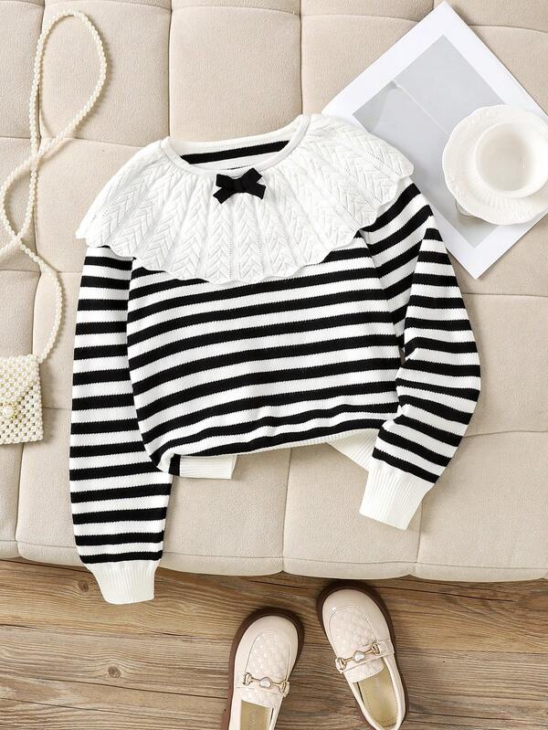 Girls Casual Striped Colorblock Bow Decor Knit Sweater, Long Sleeve, Autumn/Winter Kids Sweaters For Girls Girl Clothes Autumn And Winter Clothes Girls Knitted Top Bow Tops For Girls Girls Long Sleeve Sweaters
