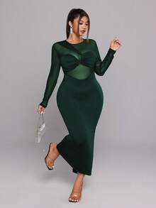 NU&NOW Vestido de festa sexy plus size feminino de manga comprida, gola redonda e detalhes em tule. - Verde - Ver 4