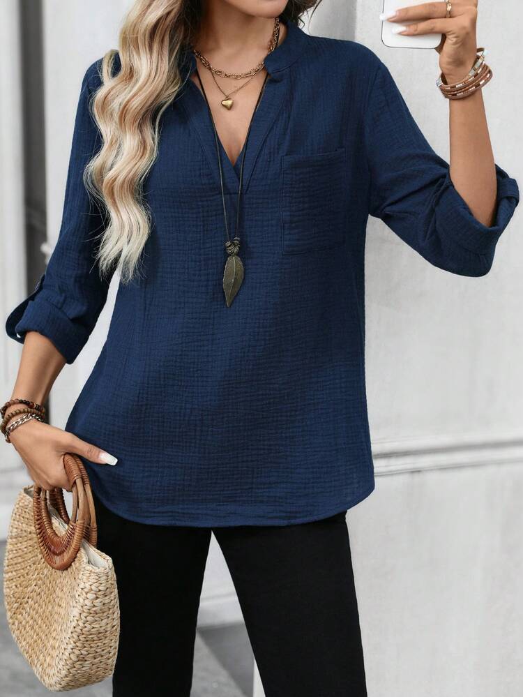 Women's Solid Color V-Neck Raglan Sleeve Textured Fabric Shirt V Neck Blouses For Women Navy Blue Blouse Business Casual Woman Top Casual Blouse For Women