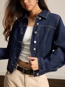 Easelle 女士休闲通勤弯袖牛仔夹克 - 深色水洗藍 - 查看 6